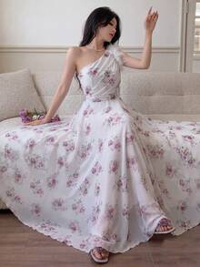 Modelyn 法式設計女款不對稱肩羽毛腰部收腰顯瘦長洋裝 - 杏色 - 查看 9