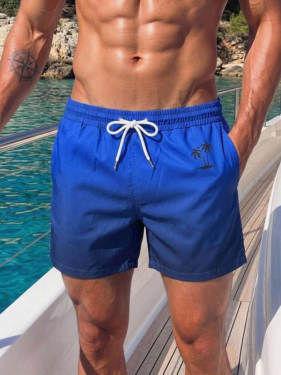 Manfinity Swimmode 男士漸層印花抽繩腰夏季沙灘百慕達短褲 - 寶藍色 - 查看 1