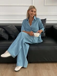 DAZY 女款極簡單排扣短袖襯衫與口袋鬆緊腰長褲牛仔套裝，適合嬌小女性夏季穿著 - 藍色 - 查看 5