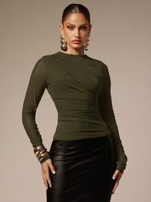 Silquee Camiseta elegante para mujer de unicolor con fruncido y ajuste ceñido para ir al trabajo - Verde militar - Ver 5