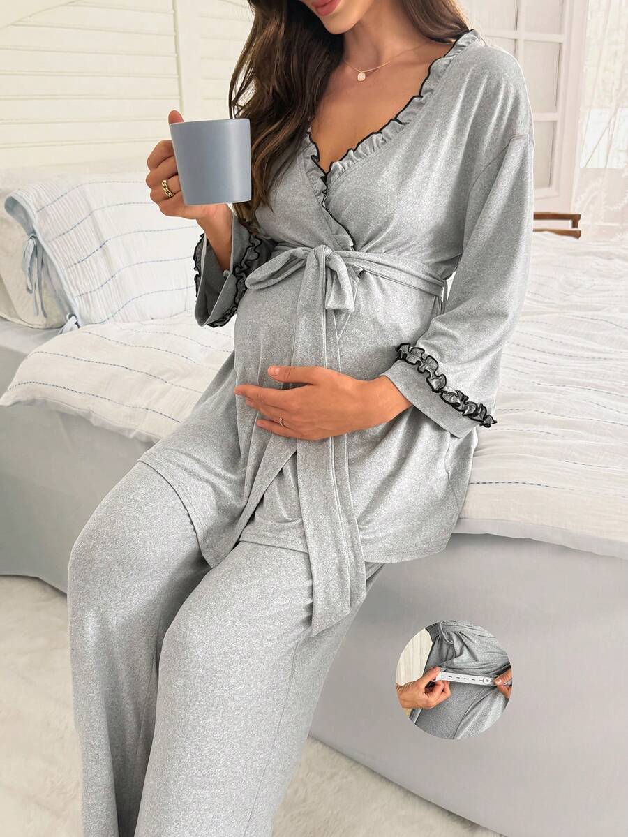 Moonlight&Mama Conjunto de ropa de estar en casa para maternidad con top de pijama de manga 3/4 con volantes y lazo en color contrastante + pantalones largos - Gris Oscuro - Ver 1