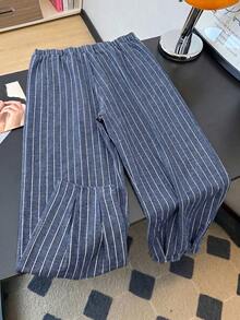 SHEIN Clasi Plus Size Women's Elegant Tapered Leg Burgundy Suit Cropped Pants, Plus Size Women's Suit Pants For Office Commute, Spring/Summer Vacation, Elegant Long Pants, Graduation, Holiday, Valentine's Day, Music Festival, Mother's Day, Halloween, Thanksgiving, Easter, National Day, Ball, Date Party, Wedding Season, Outing, Etc. - Blue - View 2