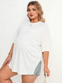 Plussiva Plus Size Maternity Solid Color Round Neck Short Sleeve Side Slit Hem Top - White - View 8