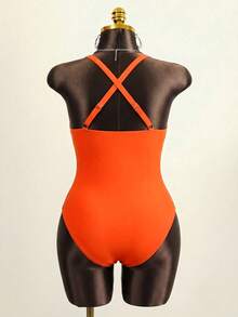 Slaydiva Plus Size Women's Solid Color Ruched Halter One-Piece Swimsuit, Suitable For Beach Vacation, Pool Party, Beach Party - Burnt Orange - View 8
