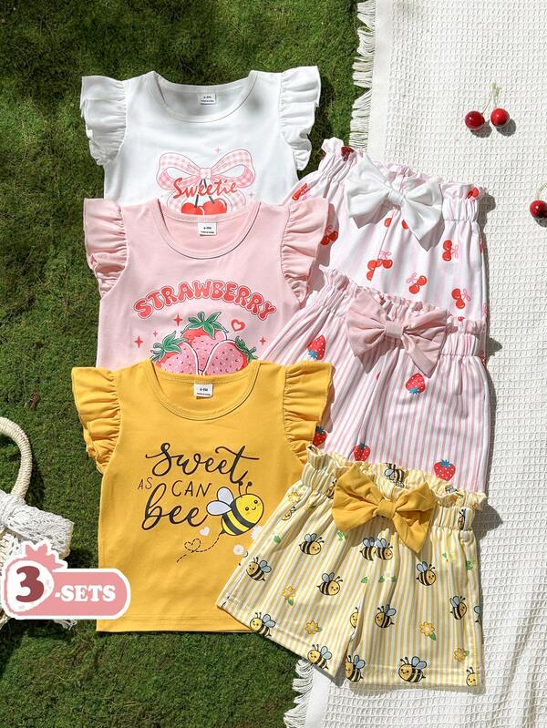 SHEIN Vintaside Kids 6pcs/3sets Baby Girls Cute Cartoon Bee Strawberry Cherry Pattern Round Neck Ruffle Top And Bow Print Decorated Shorts Set, Suitable For Daily Wear, Outings And Vacations