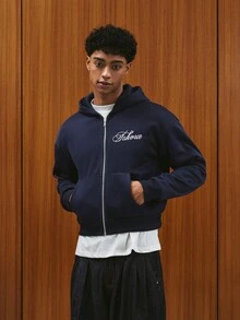 TOKVUE Sudadera con capucha con cremallera y bolsillos con letras bordadas para hombre - Azul Marino - Ver 7