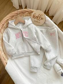 SHEIN 女嬰休閒可愛字母印花連帽衫與長褲套裝 - 淺粉色 - 查看 8