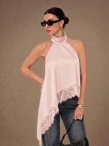 SHEIN Tall Elegant Lace Trim Backless Camisole Top, Sexy Satin Patchwork Sleeveless Blouse For Party Night Out Baby Pink Summer - Baby Pink - View 5
