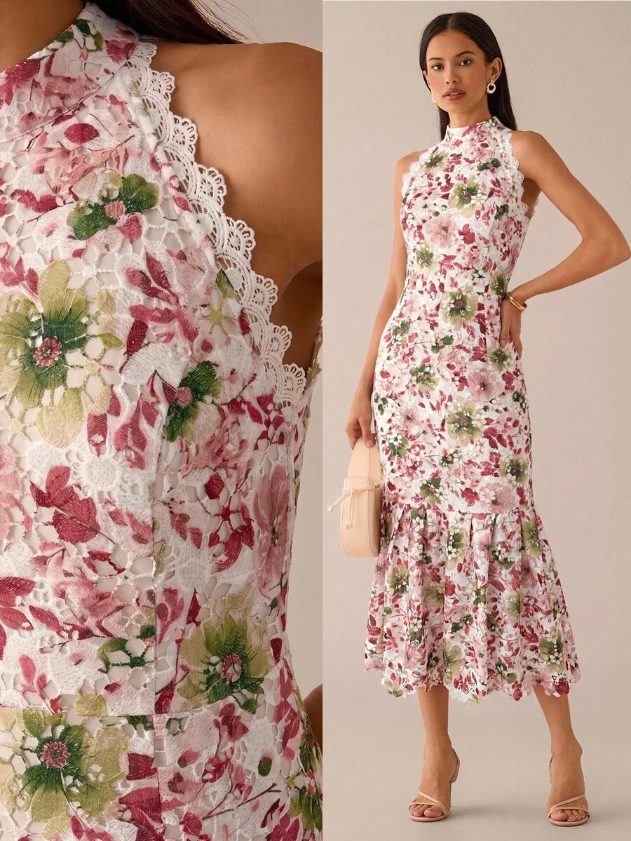 Lilora 女款優雅花卉刺繡中長洋裝,高端時尚百搭優雅裙,適合通勤、日常休閒外出、聚會、約會、派對、休閒、出遊、假期、度假、夏季、假期旅行 - 彩色 - 查看 1