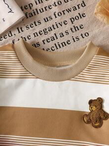 SHEIN Playful Pals 寬條紋熊刺繡休閒可愛日系男嬰衛衣套裝，城市度假派對穿搭，黑白波點藍色秋季款 - 卡其色 - 查看 4