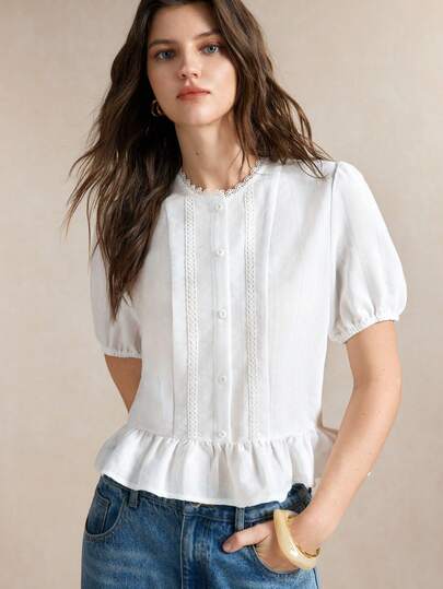 BizChic Women's Summer Casual Elegant Solid Color Ruffle Blouse Everyday White