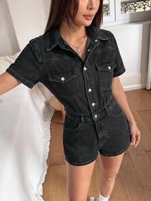 Rivivi 女款鈕扣口袋休閒街頭風日常牛仔連身短褲，黑色夏季日間穿著 - 黑色 - 查看 7