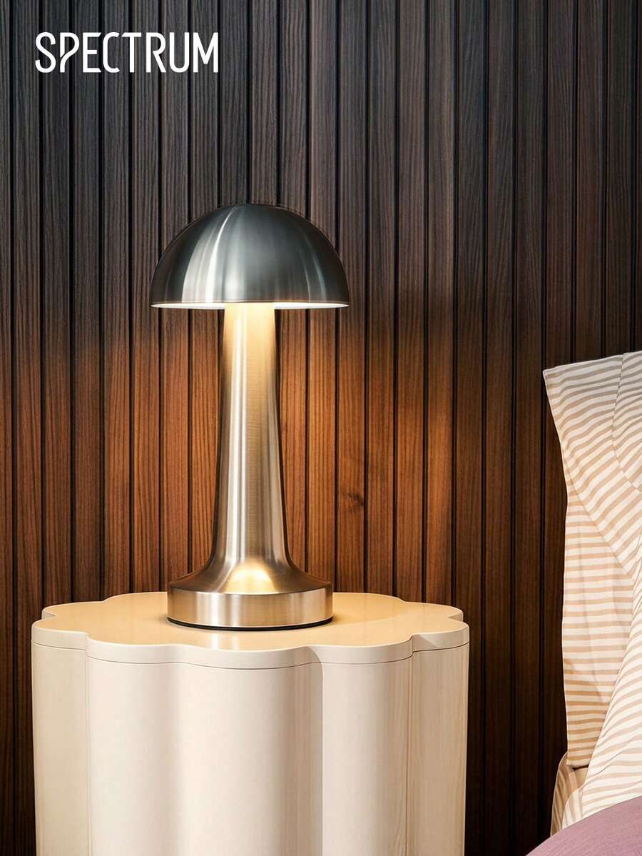 Rechargeable Mushroom Table Lamp, Brushed Metal Cordless Bedside Lamp, Minimalist LED Nightstand Lamp, Portable Desk Lamp For Bedroom Home Decor - one-size - View 1
