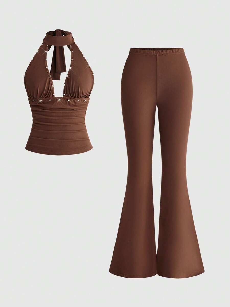ROMWE Hippie Women's 2 Pieces Vintage Embroidered Knit Brown Halter Neck Set - Brown - View 1