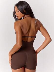 Musera Sport Ruched Padded Halterneck Scrunched Active Playsuit Sport Workout Gym Cute Pilates Fitness Daily Girly Casual Summer - Brown - View 4