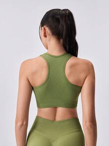 Loungeista Women's Sports Bra, Racerback Yoga Fitness Running Crop Top Bra - Olive Green - View 2