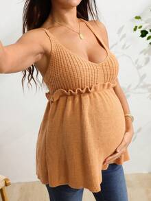 SHEIN Maternity Knit Tank Top, Fitted V-Neck With Ruffle Hem, Casual Cute Minimalist Solid Color Ribbed Camisole For Everyday Wear - Khaki - View 8