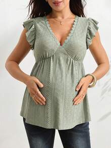 SHEIN 孕婦夏季休閒拼接荷葉邊背心上衣 - 綠色 - 查看 3