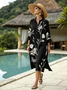Louniche Gaun Musim Panas Wanita Motif Cetak Pendek untuk Liburan - Hitam dan Putih - View 3