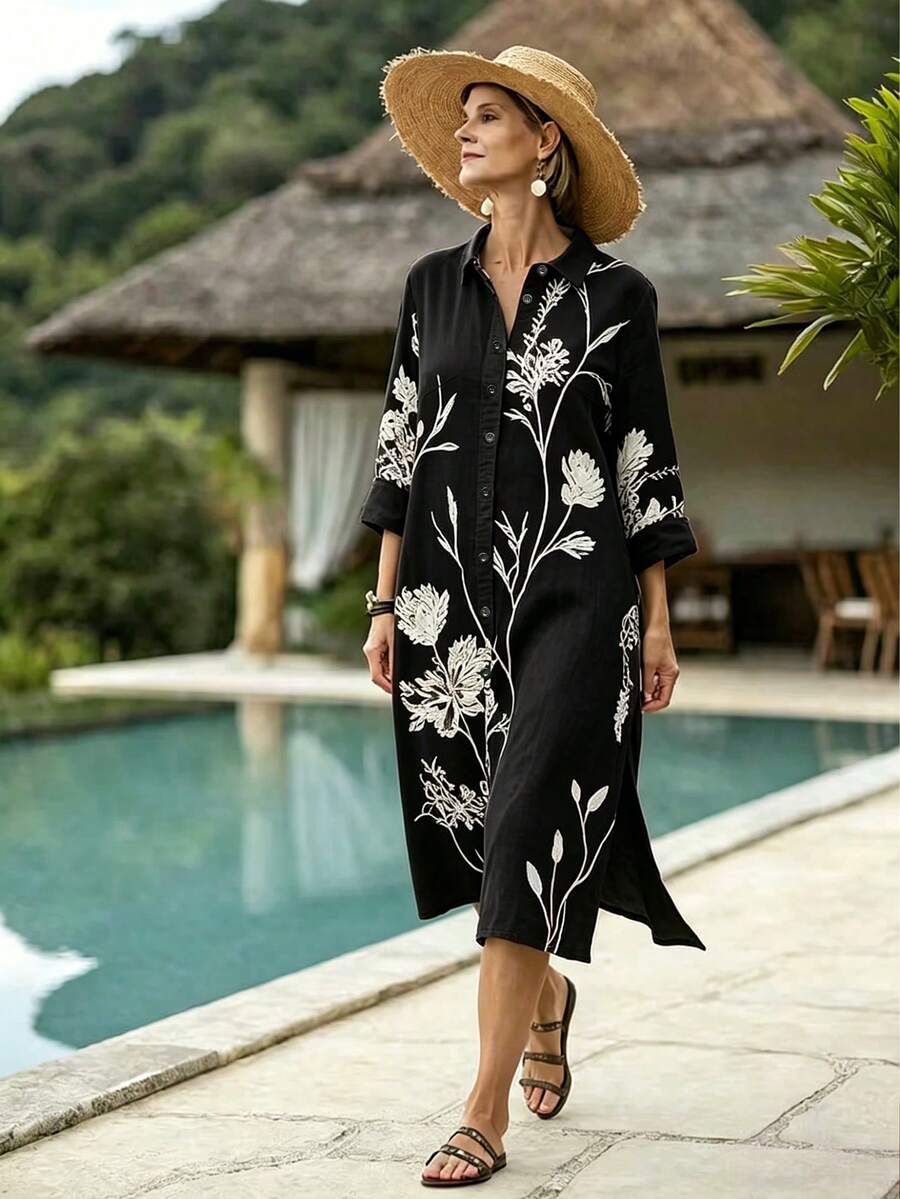 Louniche Gaun Musim Panas Wanita Motif Cetak Pendek untuk Liburan - Hitam dan Putih - View 1