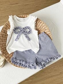 SHEIN Playful Pals 女童針織提花乳白色荷葉邊背心與粉色荷葉邊短褲套裝，可愛甜美嬰兒夏季穿搭 - 寶藍色 - 查看 3