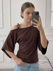 DAZY Tween Girl Solid Color Ruched Slim Fit Versatile Casual T-Shirt - Brown - View 4