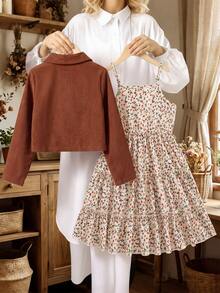 SHEIN Vintaside Kids Young Girls New Fashion Blazer Collar Long Sleeve Jacket With Elastic Waist A-Line Tiered Floral Print Cami Dress 2-Piece Set, Suitable For Daily Casual, Vacation, Picnic, Brown Maillard Color, Spring/Autumn - Brown - View 2