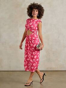 Rouah Womens Floral Printed Knot Front Mid-Length Dress - Summer Dress, Party Dress, Resort Dress, Wedding Dress, Reception Dress, Occassion Dress - Red - View 6
