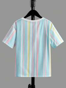 SHEIN Camiseta de punto estampada de manga corta y cuello redondo para niños preadolescentes, adecuada para primavera y verano, ideal para deportes diarios, escuela, ropa de calle, fiestas y ocio en el hogar - Multicolor - Ver 2