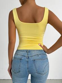 Allurite Summer Casual Solid Color Ruched Slim Fit Square Neck Tank Top - Yellow - View 3