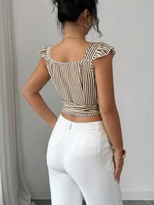 Elenzga Elegant Summer Shirt With Woven Stripes For Women - Coffee Brown - View 2