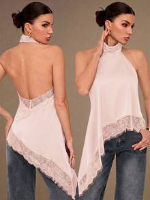 SHEIN Tall Elegant Lace Trim Backless Camisole Top, Sexy Satin Patchwork Sleeveless Blouse For Party Night Out Baby Pink Summer - Baby Pink - View 8