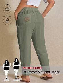 SHEIN PETITE CURVE 大尺碼女款眼睛刺繡口袋休閒短版長褲 - 綠色 - 查看 2