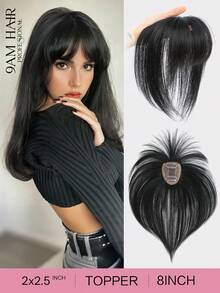 Hair Toppers For Women Real Human Hair, 2x2.5" Base Clip In Human Hair Topper With Bangs For 360° Cover 8 Inch Toppers For Thinning Hair To Add Volume - Natural Black - View 1