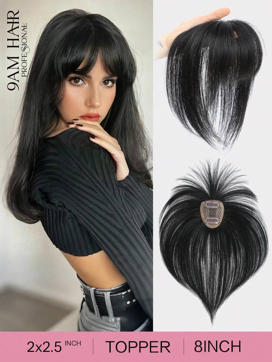Hair Toppers For Women Real Human Hair, 2x2.5" Base Clip In Human Hair Topper With Bangs For 360° Cover 8 Inch Toppers For Thinning Hair To Add Volume - Natural Black - View 1