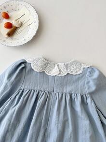 Cozy Pixies Baby Girl Contrast Color Ruffle Collar Embroidered Cartoon Pattern Long Sleeve Dress Versatile Comfortable - Blue - View 6