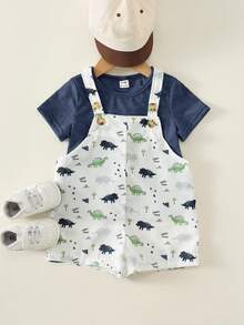 SHEIN 2pcs/Set Baby Boy Summer Cute Versatile Casual Fun Print Pattern Tank Top & Shorts Knit T-Shirt Set, Overall Shorts 2-Piece Set, Dinosaur Outfit, Cute Outfit, Children's Day Outfit - Multicolor - View 3