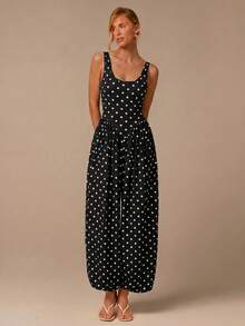 COSMINA Jumpsuit Tanpa Punggung Motif Polkadot untuk Wanita di Musim Panas - Hitam - View 4