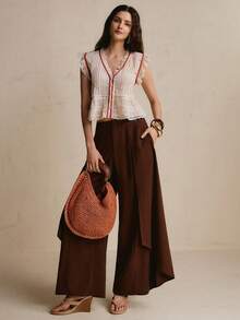 CielaLinda Women's Flowy Low-Rise Wide Leg Pants With Pockets Brunch Tea Party Dark Brown Autumn Elegant - Brown - View 6
