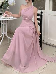 Modelyn Women's One-Shoulder Asymmetric Neckline Ruffle Strap Top And High-Waisted Draped Skorts Set Wedding Formal Christening Pink Summer Romantic Elegant - Pink - View 4