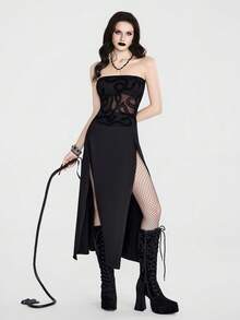 Breakform Gothic Halloween  Sexy Retro, Flocked Mesh Strapless Top Featuring A Gothic Snake Pattern-Perfect For The Cool Girl - Black - View 6