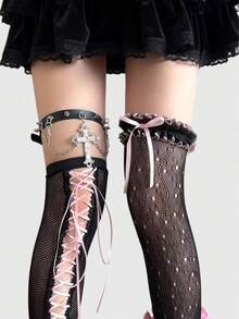 ROMWE Anime 5Pcs Black Y2K Cross Millennium Spice Girls Lace Splicing One-Piece Socks Calf Socks Combination, Suitable For College, Shopping, Music Festival - Black and pink rose - View 1