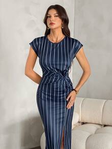 SHEIN Tall Vestido casual y minimalista de estilo náutico en azul marino con estampado de rayas blancas de cuerda de cáñamo. - Azul Marino - Ver 4