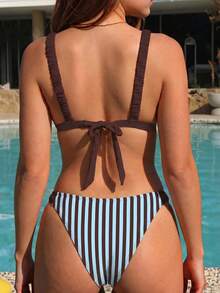 Swim Mod Women's Summer Vacation Casual Beach Wear Red & Blue Striped Print Two Pieces Bikini Set Tie-Up Swimwear - Multicolor - View 2