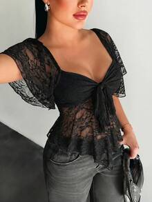 SHEIN SXY 大尺碼女款蕾絲露肩前打結性感上衣 - 黑色 - 查看 9