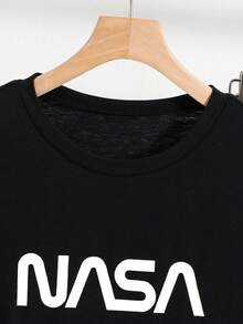 SHEIN 2件組兒童/青少年男孩休閒日常百搭舒適字母圖案印花圓領短袖純色寬鬆針織短褲套裝，適合學校、居家、日常穿著、運動，極簡風格，春/夏 - 黑色 - 查看 6