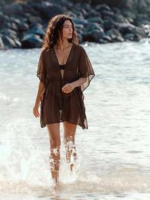 Maija Women's Solid Color Sheer Beach Party Vacation Cover-Up Chocolate Brown Summer Sexy - Rust Brown - View 1