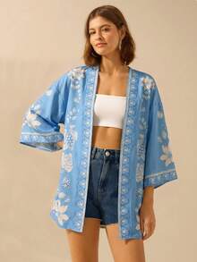 CAJUNI 女款波西米亞熱帶花卉黑色印花寬鬆和服式罩衫，度假海灘穿搭 - 淺藍色 - 查看 2