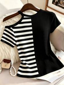 GlowEve CURVE Plus Size Fashion Design Striped Colorblock Off-Shoulder T-Shirt - Apricot - View 1