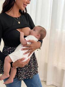 SHEIN Maternity Casual Color Block Nursing Long Sleeve T-Shirt For Autumn Wear Fall - Multicolor - View 3